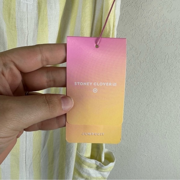 NEW Stoney Clover Lane Target Yellow White Striped Jumpsuit Medium Linen Blend - Picture 7 of 8